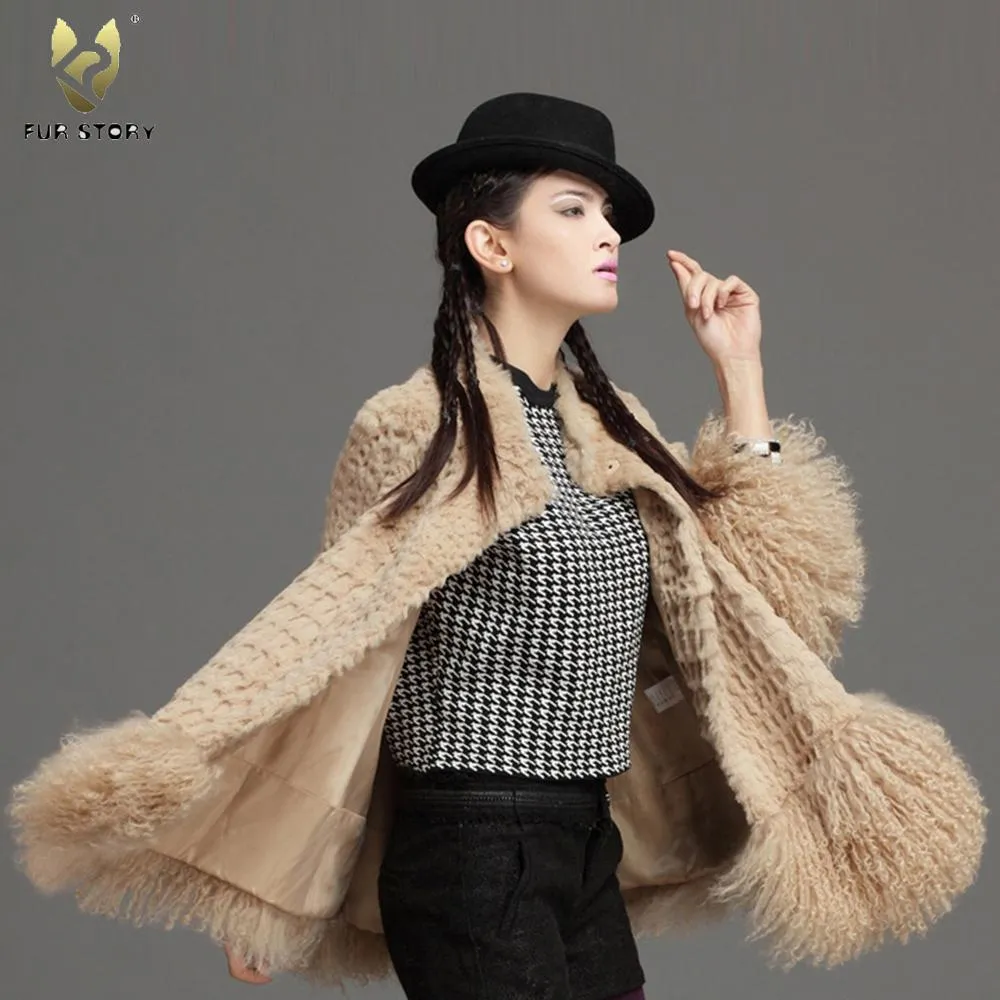 Women's Genuine Rabbit Fur Coat with Mongolia Lamb Fur Big Skirt Hem 151180