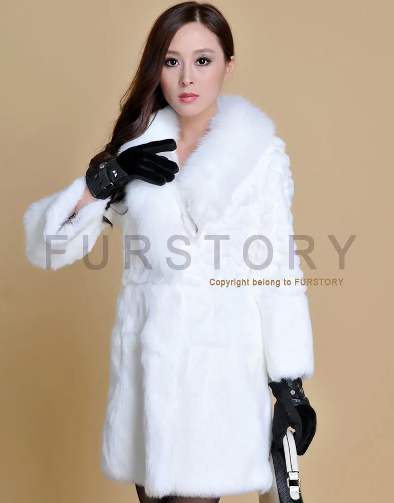 Women's Long Real Rabbit Fur Coat with Fox Fur Collor Fur Story FS13070