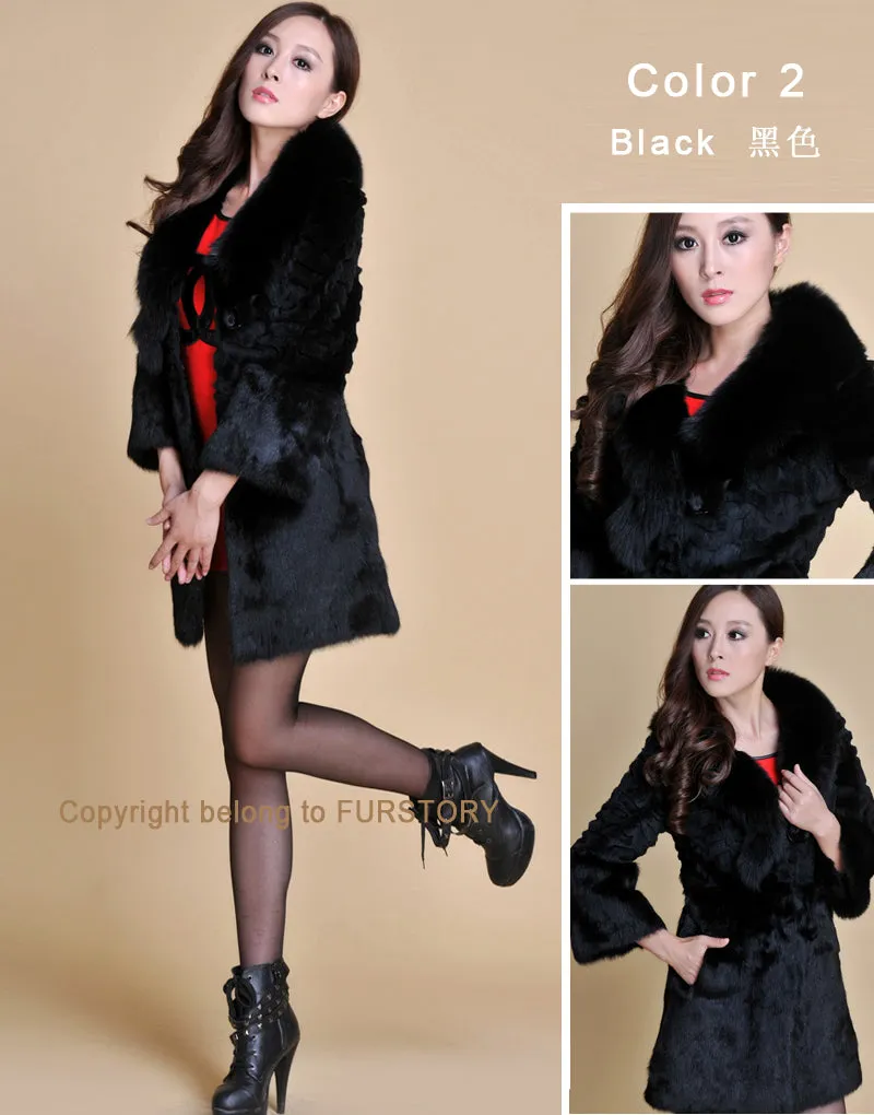 Women's Long Real Rabbit Fur Coat with Fox Fur Collor Fur Story FS13070