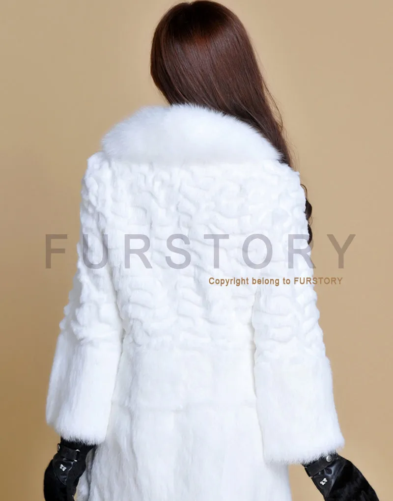 Women's Long Real Rabbit Fur Coat with Fox Fur Collor Fur Story FS13070