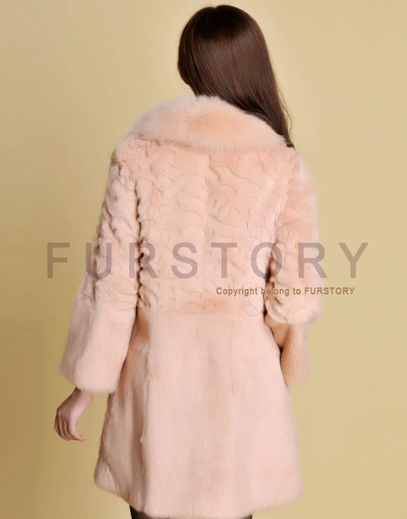 Women's Long Real Rabbit Fur Coat with Fox Fur Collor Fur Story FS13070