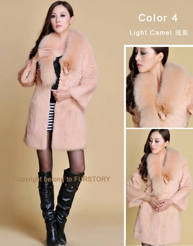 Women's Long Real Rabbit Fur Coat with Fox Fur Collor Fur Story FS13070