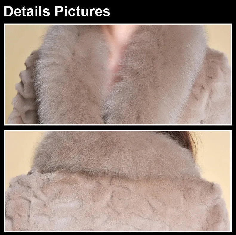 Women's Long Real Rabbit Fur Coat with Fox Fur Collor Fur Story FS13070