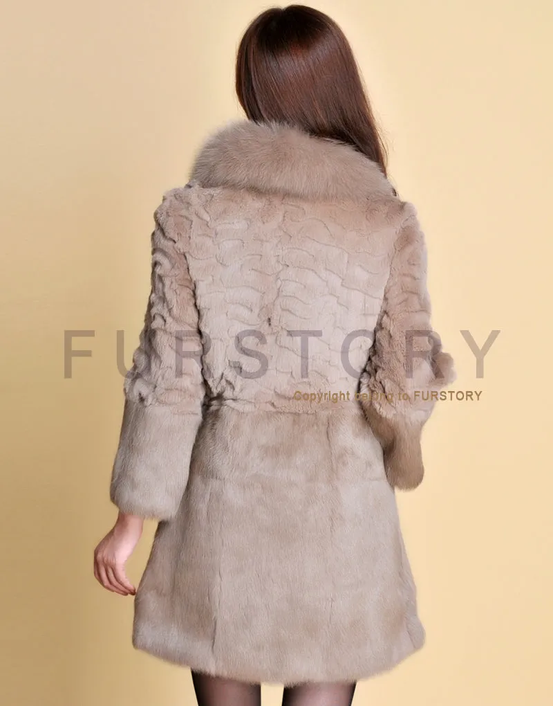 Women's Long Real Rabbit Fur Coat with Fox Fur Collor Fur Story FS13070