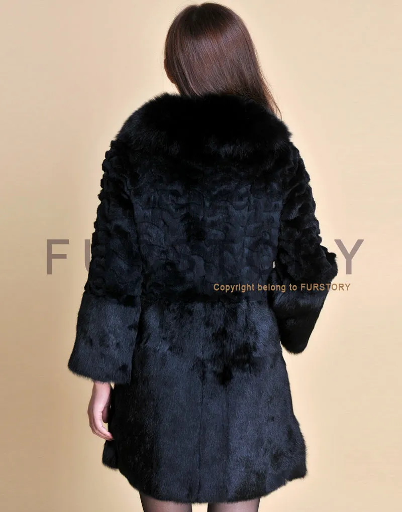 Women's Long Real Rabbit Fur Coat with Fox Fur Collor Fur Story FS13070