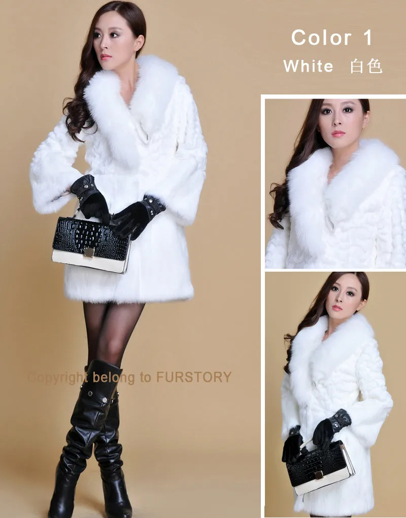 Women's Long Real Rabbit Fur Coat with Fox Fur Collor Fur Story FS13070