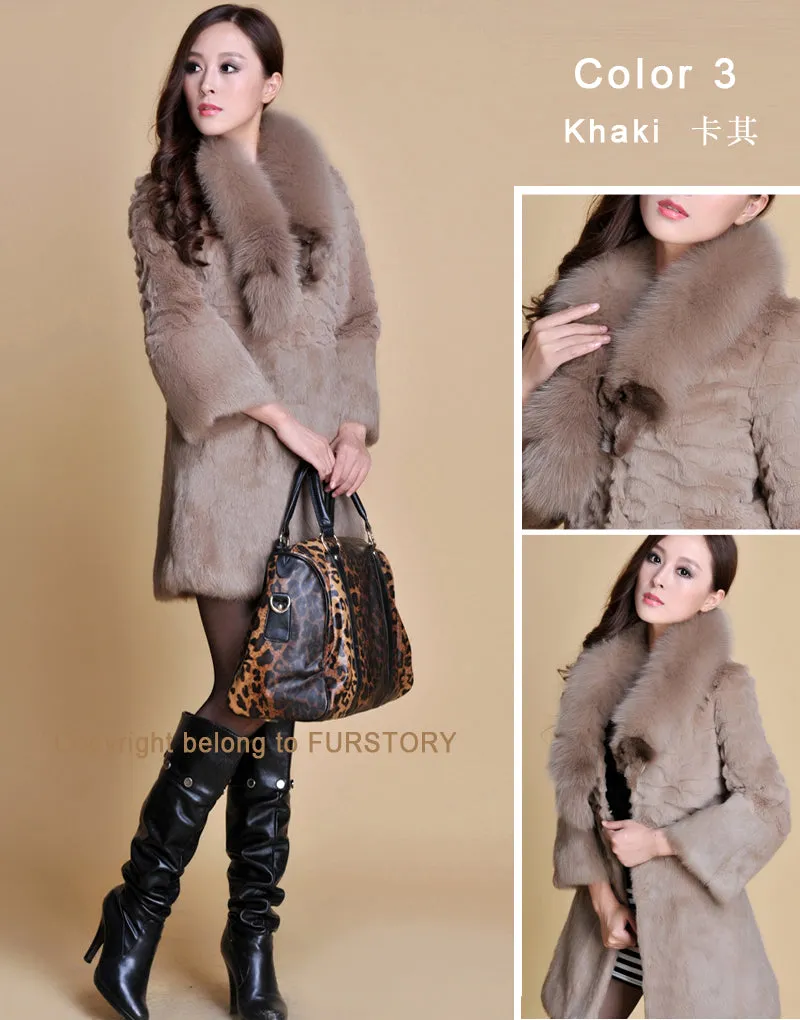 Women's Long Real Rabbit Fur Coat with Fox Fur Collor Fur Story FS13070