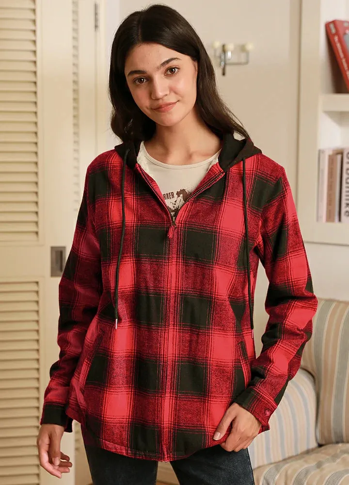 Women's Matching Family Red Sherpa-Lined Flannel Hoodie