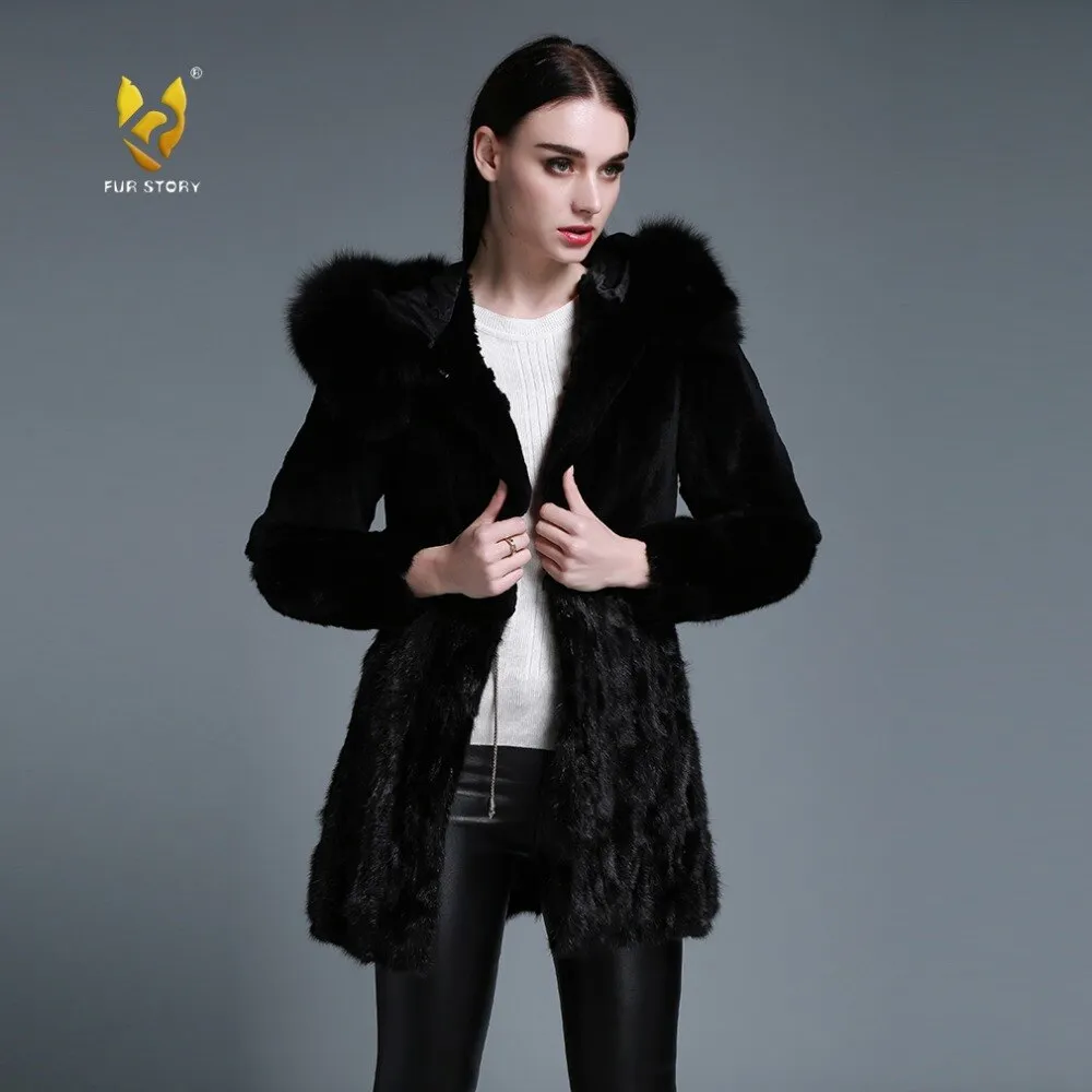 Women's Natural Rabbit Fur Coat Women Fox Fur Hood Real Mink Fur Jacket Women