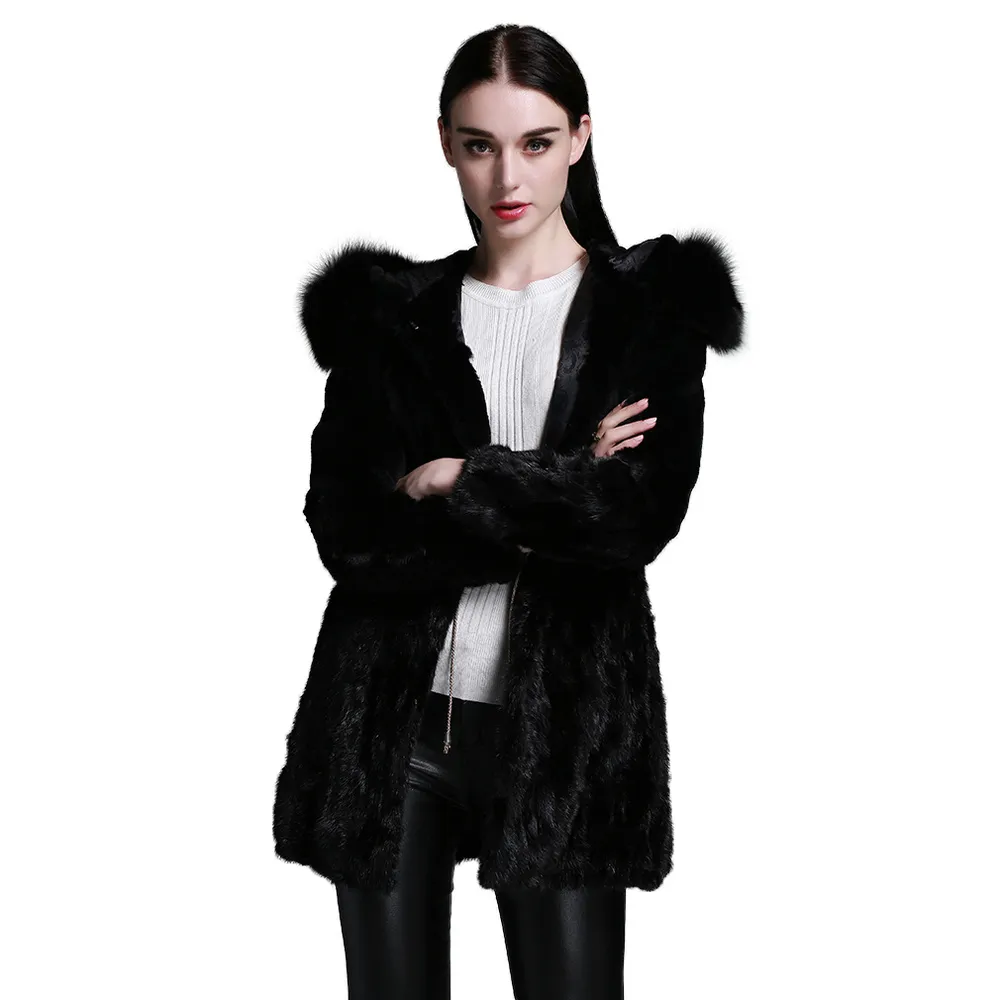 Women's Natural Rabbit Fur Coat Women Fox Fur Hood Real Mink Fur Jacket Women